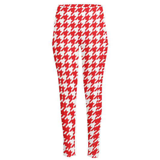Red And White Houndstooth Pattern Print High-Waisted Pocket Leggings