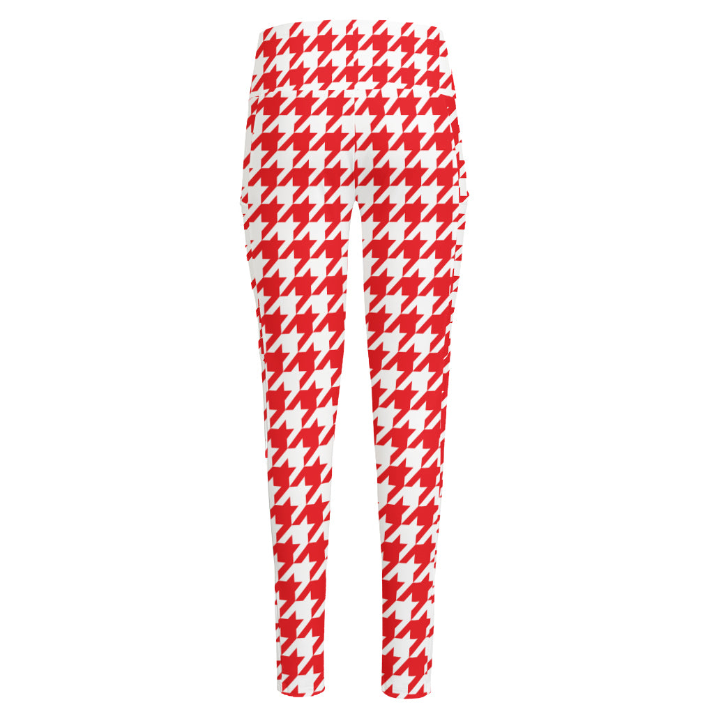 Red And White Houndstooth Pattern Print High-Waisted Pocket Leggings