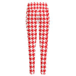Red And White Houndstooth Pattern Print High-Waisted Pocket Leggings