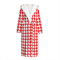 Red And White Houndstooth Pattern Print Hooded Bathrobe