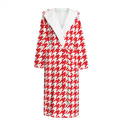 Red And White Houndstooth Pattern Print Hooded Bathrobe