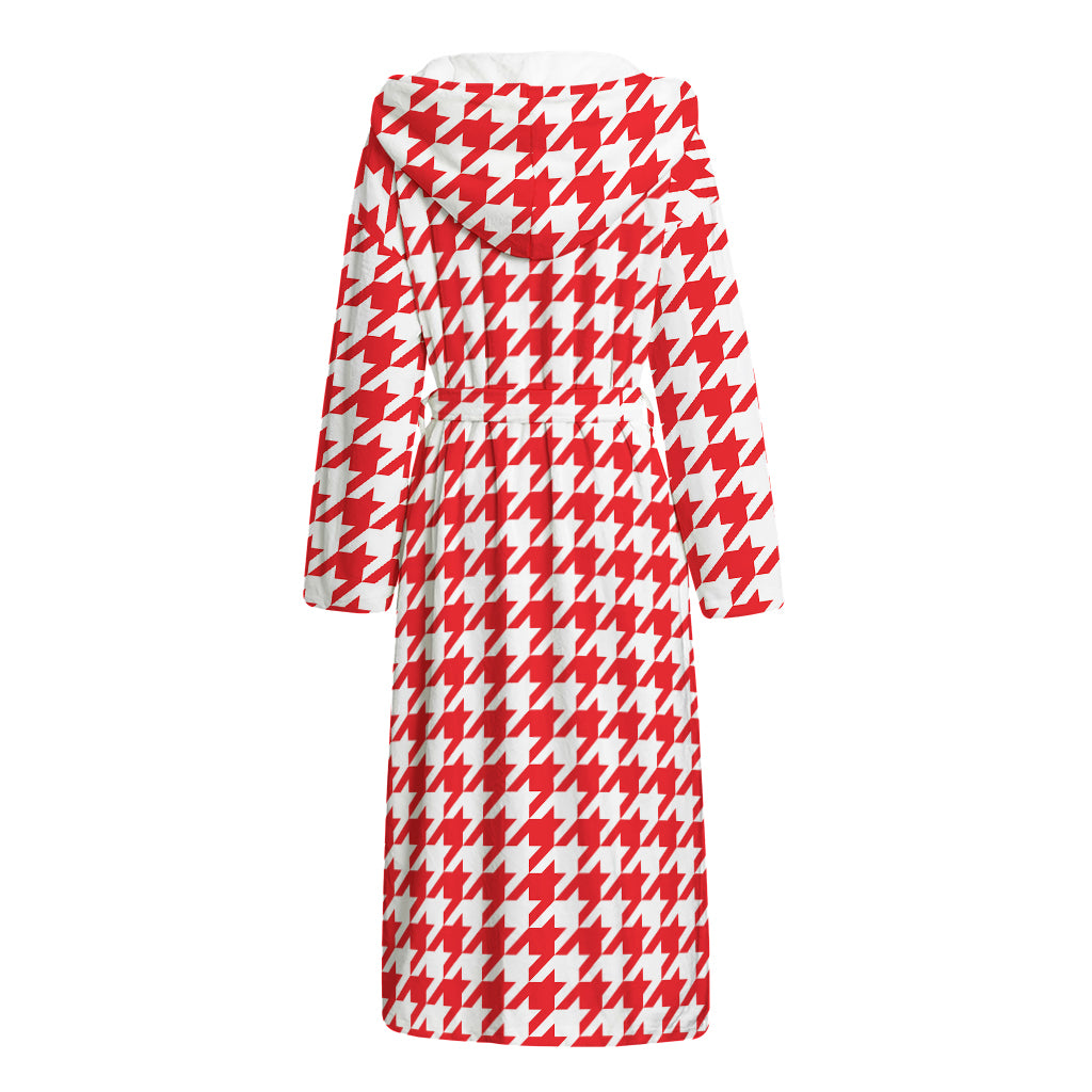 Red And White Houndstooth Pattern Print Hooded Bathrobe