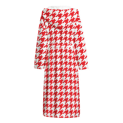 Red And White Houndstooth Pattern Print Hooded Bathrobe