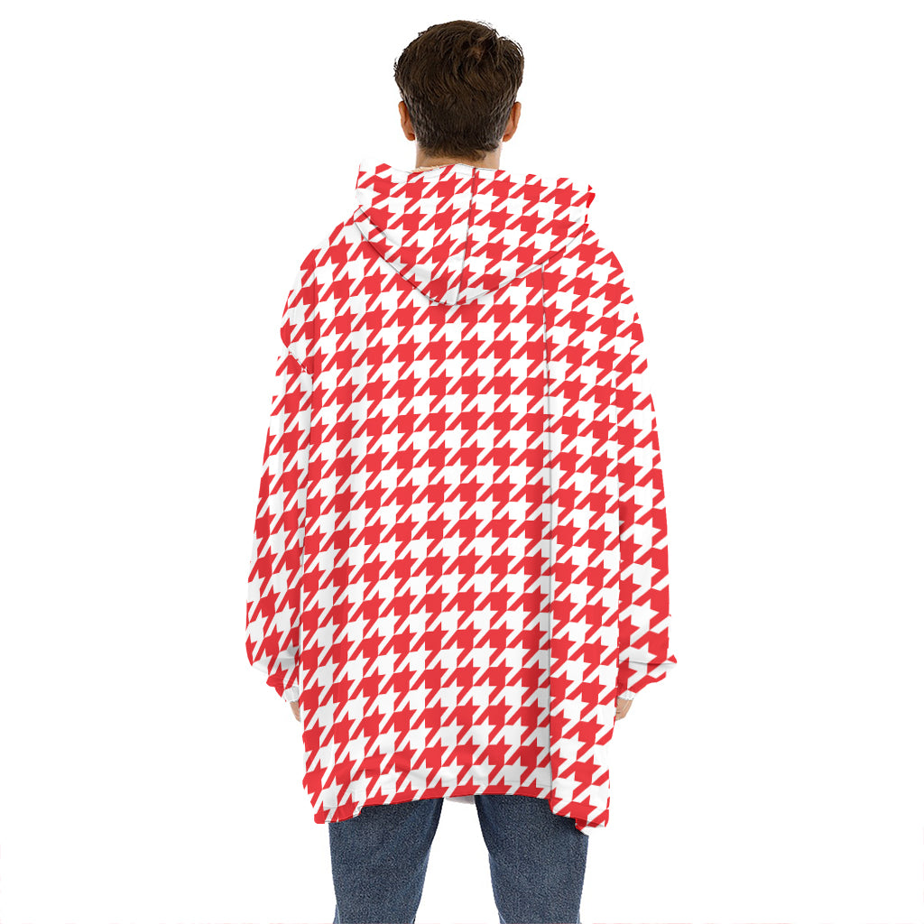 Red And White Houndstooth Pattern Print Hoodie Blanket