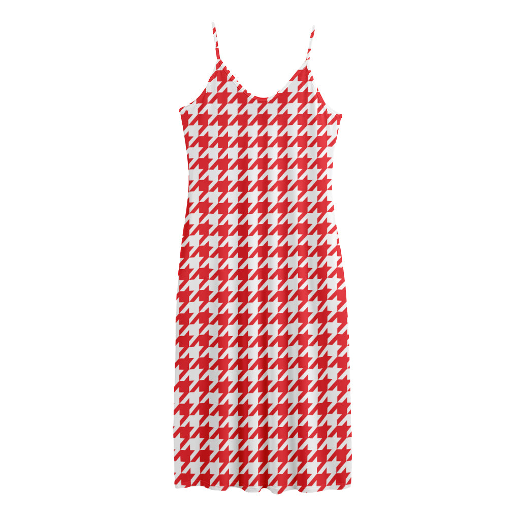 Red And White Houndstooth Pattern Print Jersey Midi Cami Dress