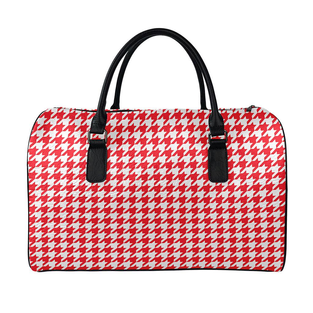 Red And White Houndstooth Pattern Print Leather Duffle Bag