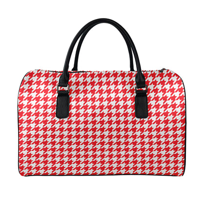 Red And White Houndstooth Pattern Print Leather Duffle Bag