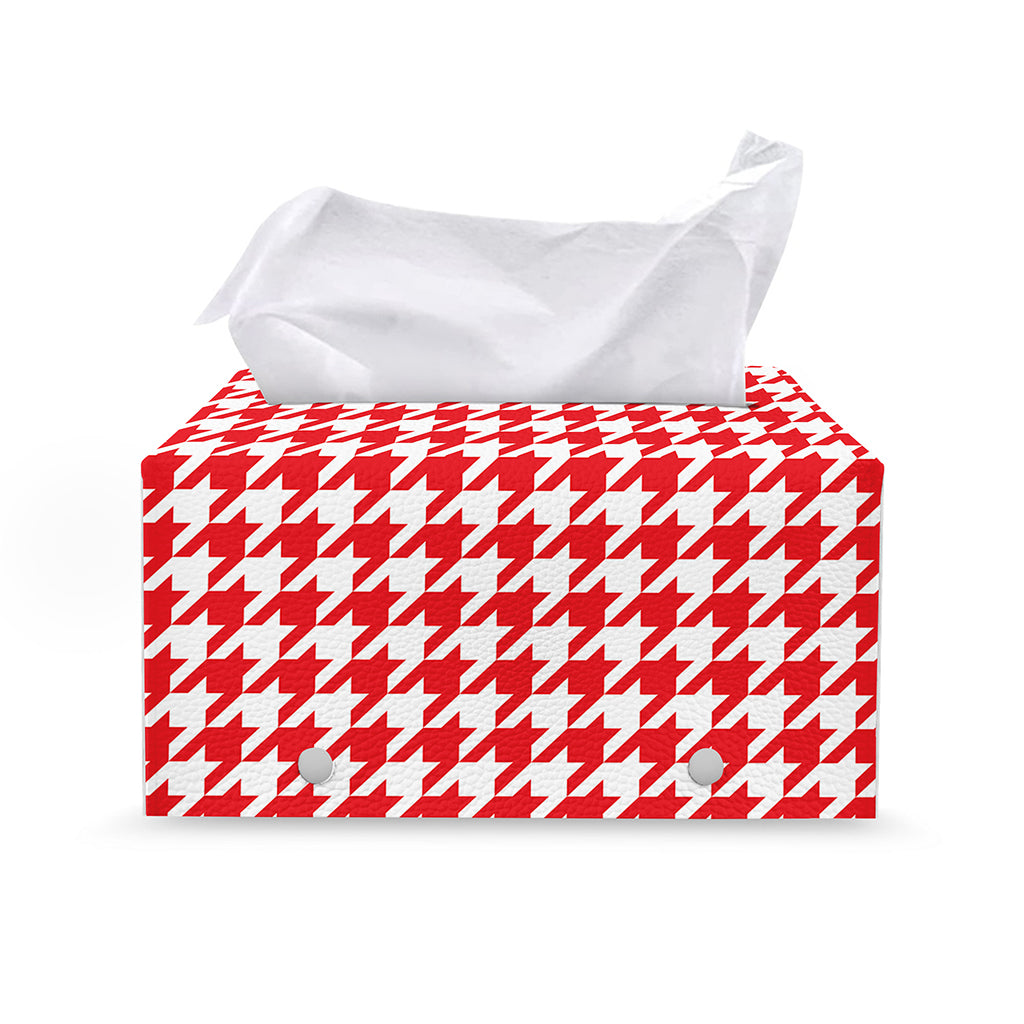 Red And White Houndstooth Pattern Print Leather Tissue Box Cover