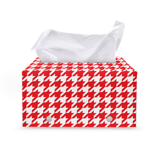 Red And White Houndstooth Pattern Print Leather Tissue Box Cover