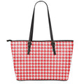 Red And White Houndstooth Pattern Print Leather Tote Bag With Zipper