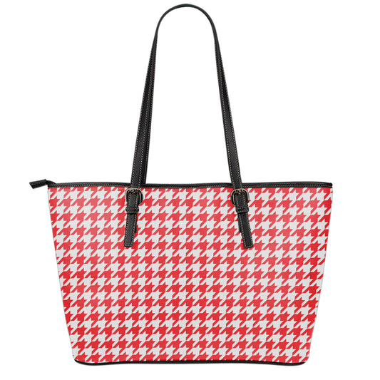 Red And White Houndstooth Pattern Print Leather Tote Bag