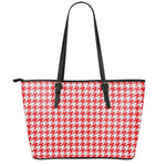 Red And White Houndstooth Pattern Print Leather Tote Bag