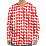Red And White Houndstooth Pattern Print Long Sleeve Baseball Jersey