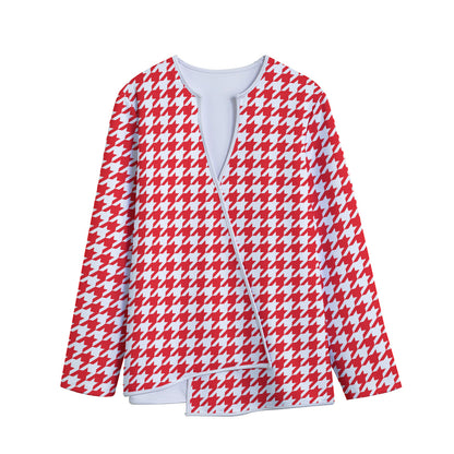Red And White Houndstooth Pattern Print Long Sleeve Short Coat
