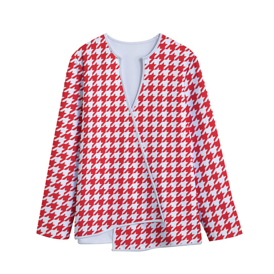 Red And White Houndstooth Pattern Print Long Sleeve Short Coat