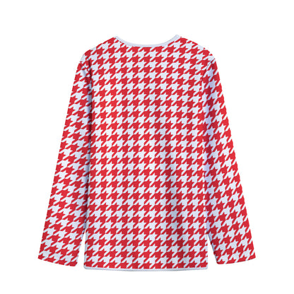 Red And White Houndstooth Pattern Print Long Sleeve Short Coat