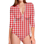 Red And White Houndstooth Pattern Print Long Sleeve Swimsuit