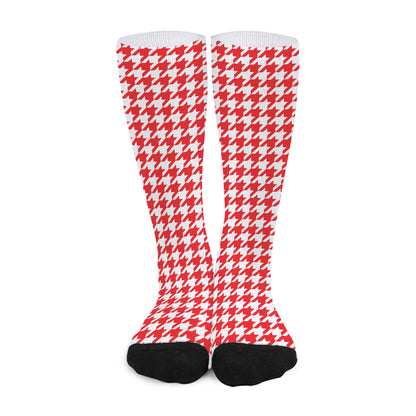 Red And White Houndstooth Pattern Print Long Socks