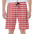 Red And White Houndstooth Pattern Print Men's Beach Shorts