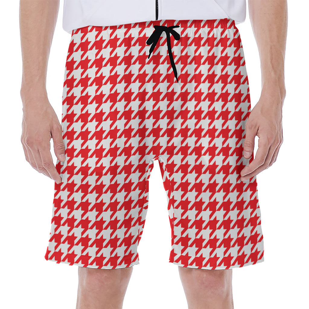 Red And White Houndstooth Pattern Print Men's Beach Shorts