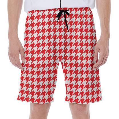 Red And White Houndstooth Pattern Print Men's Beach Shorts