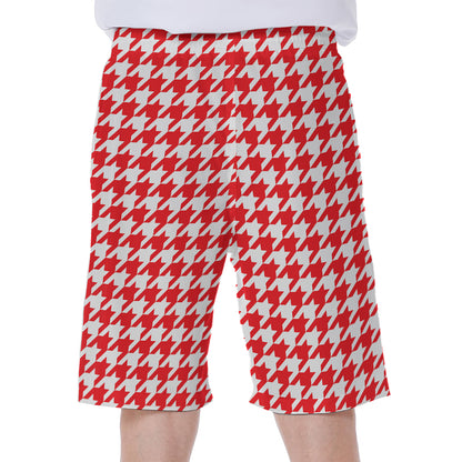 Red And White Houndstooth Pattern Print Men's Beach Shorts