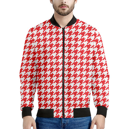 Red And White Houndstooth Pattern Print Men's Bomber Jacket