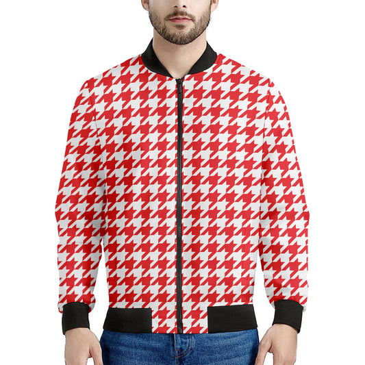 Red And White Houndstooth Pattern Print Men's Bomber Jacket
