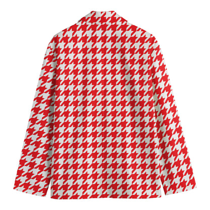 Red And White Houndstooth Pattern Print Men's Cotton Blazer