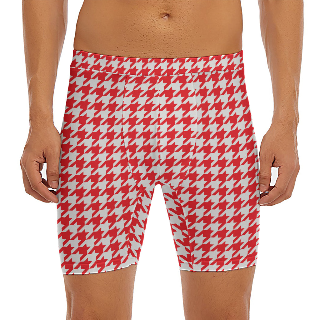 Red And White Houndstooth Pattern Print Men's Long Boxer Briefs