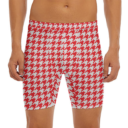 Red And White Houndstooth Pattern Print Men's Long Boxer Briefs