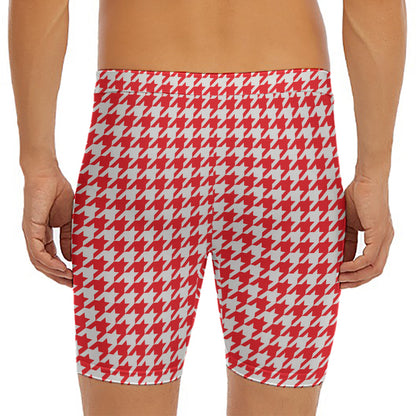 Red And White Houndstooth Pattern Print Men's Long Boxer Briefs