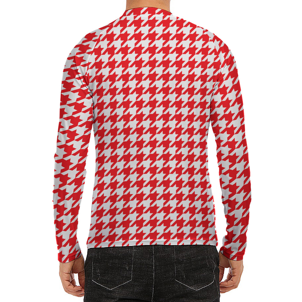 Red And White Houndstooth Pattern Print Men's Long Sleeve Rash Guard