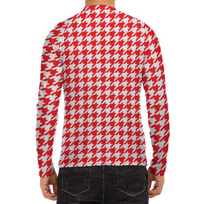 Red And White Houndstooth Pattern Print Men's Long Sleeve Rash Guard