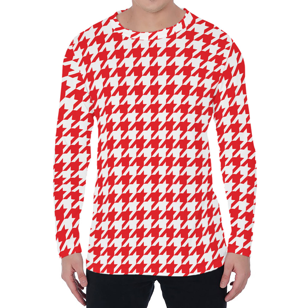 Red And White Houndstooth Pattern Print Men's Long Sleeve T-Shirt