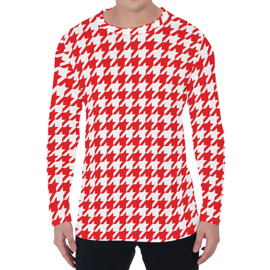 Red And White Houndstooth Pattern Print Men's Long Sleeve T-Shirt