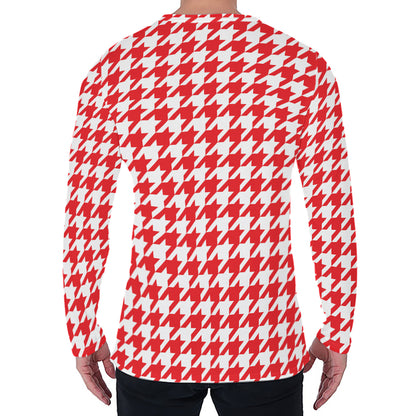 Red And White Houndstooth Pattern Print Men's Long Sleeve T-Shirt