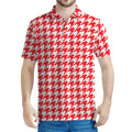 Red And White Houndstooth Pattern Print Men's Polo Shirt