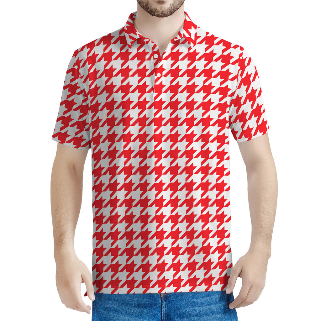 Red And White Houndstooth Pattern Print Men's Polo Shirt