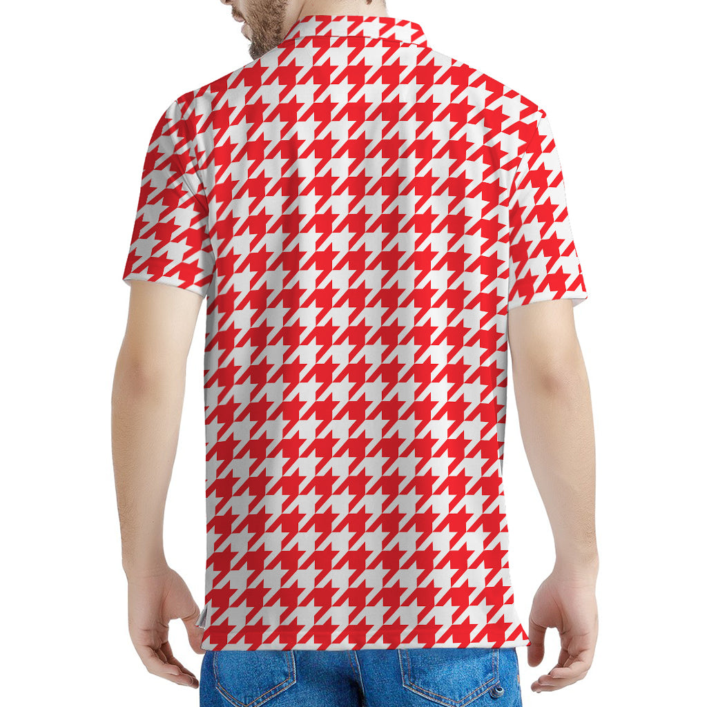 Red And White Houndstooth Pattern Print Men's Polo Shirt