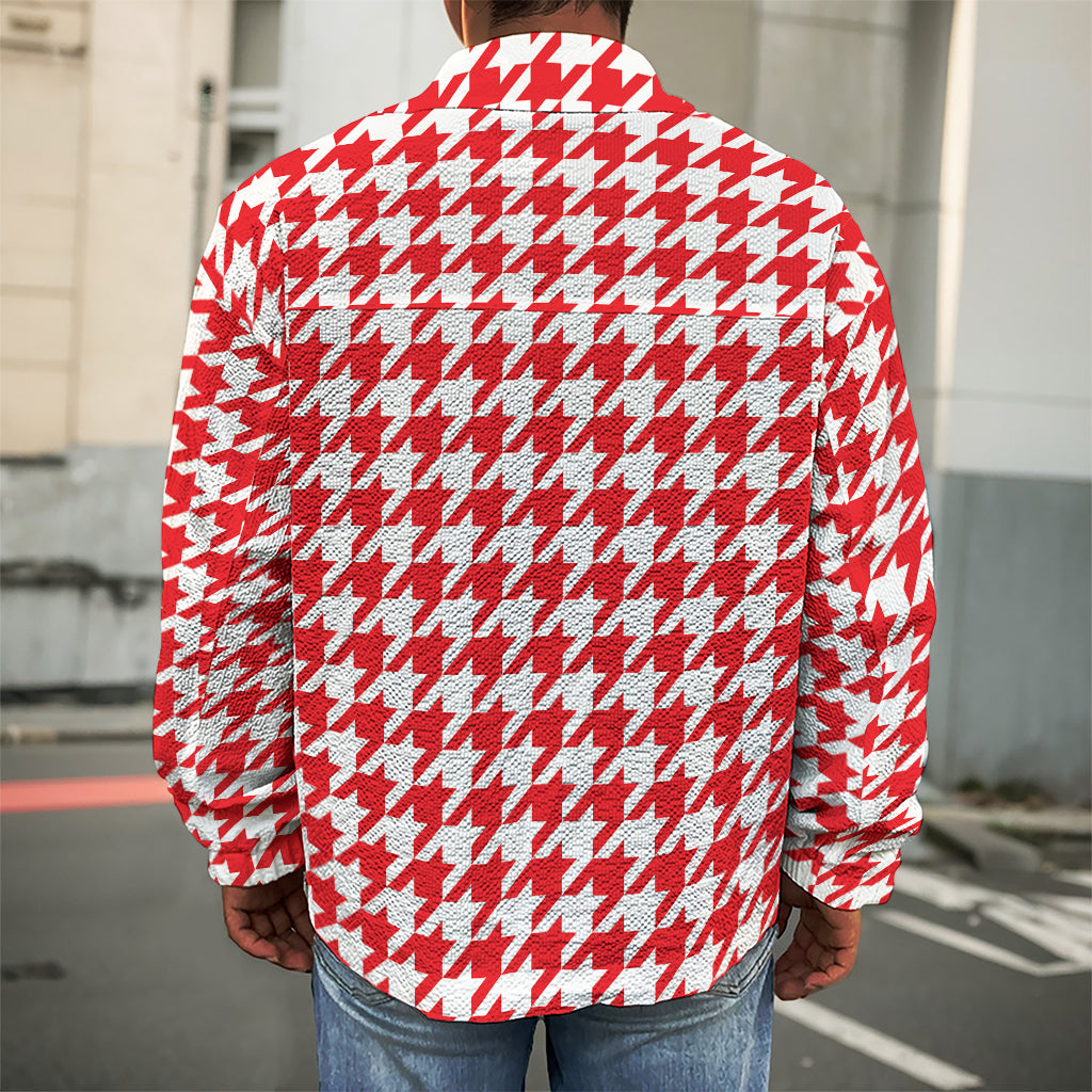 Red And White Houndstooth Pattern Print Men's Shirt Jacket