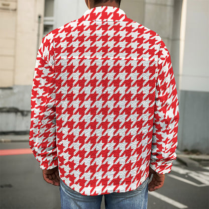 Red And White Houndstooth Pattern Print Men's Shirt Jacket
