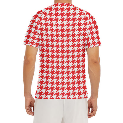 Red And White Houndstooth Pattern Print Men's Short Sleeve Rash Guard
