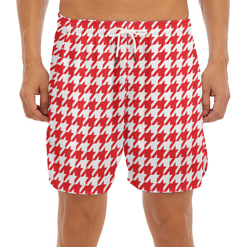 Red And White Houndstooth Pattern Print Men's Split Running Shorts