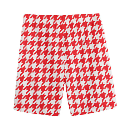 Red And White Houndstooth Pattern Print Men's Sports Shorts