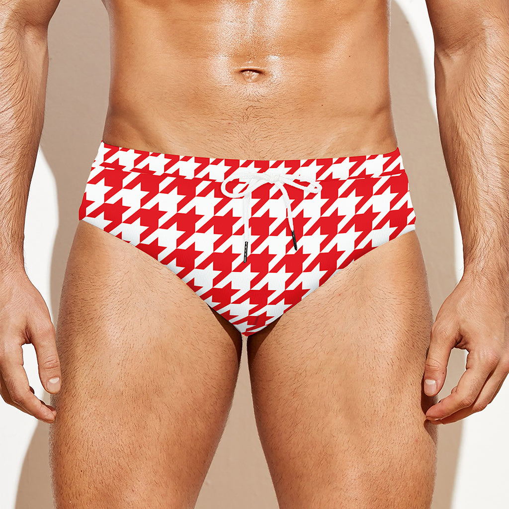 Red And White Houndstooth Pattern Print Men's Swim Briefs