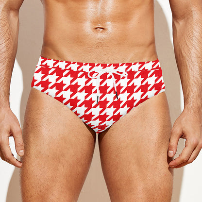 Red And White Houndstooth Pattern Print Men's Swim Briefs