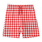 Red And White Houndstooth Pattern Print Men's Swim Trunks