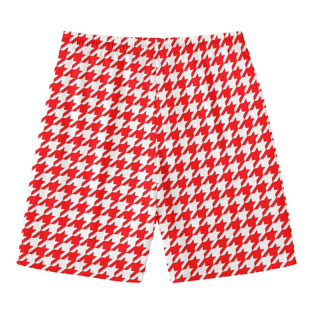 Red And White Houndstooth Pattern Print Men's Swim Trunks