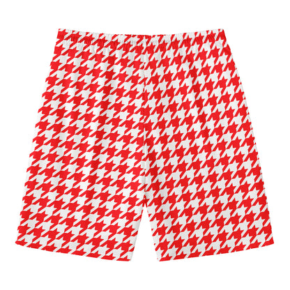 Red And White Houndstooth Pattern Print Men's Swim Trunks